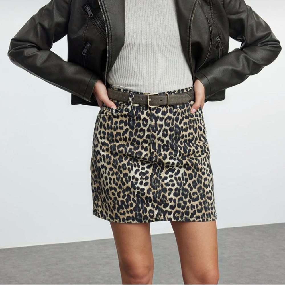 Leopard Print Denim Mini Skirt